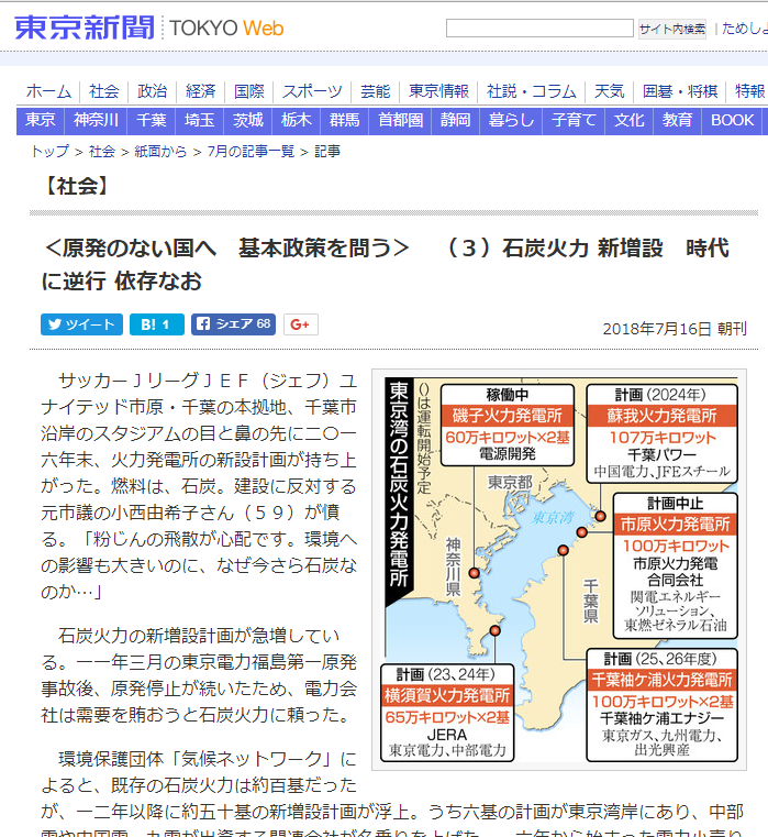 東京湾の石炭火力発電所計画が東京新聞で取り上げられました 石炭火力を考える東京湾の会